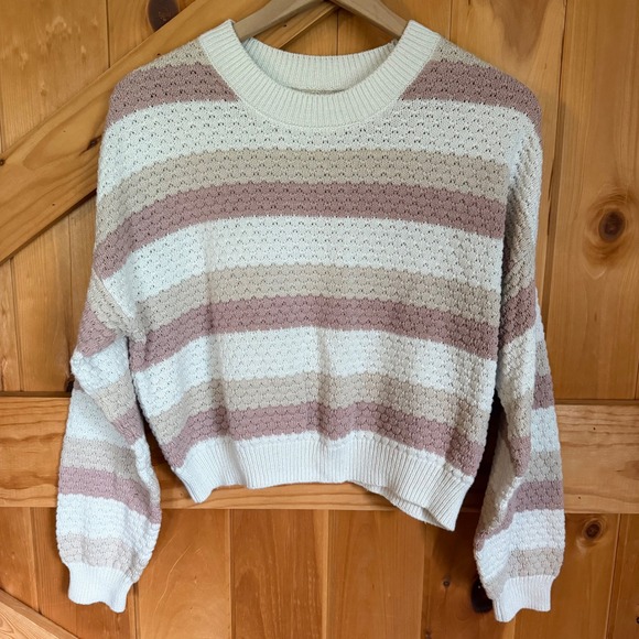 Hollister Sweaters - Hollister Striped Cropped Sweater Womens XS Pink Cream Tan Textured Knit Top
